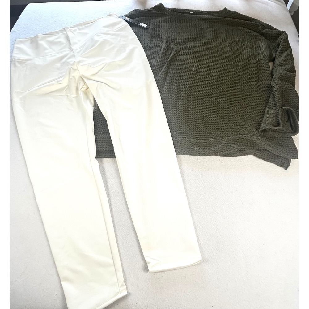 NWT Faux Leather Leggings & Olive Green Waffle Knit Top Set Women 3XL Outfit